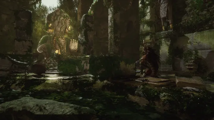Jaguar warrior resting in a flooded temple hall