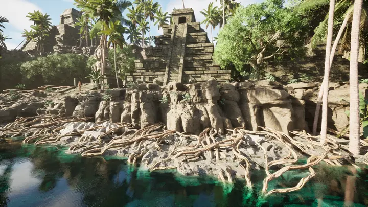Pyramid among palms beside the water