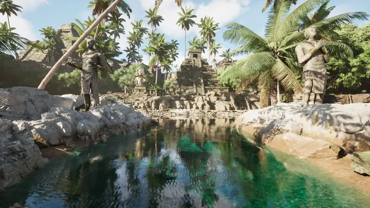 Statues guarding a cenote